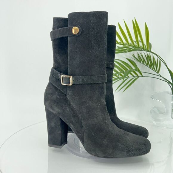 Theory Jodhpur Size 8.5 Mid Calf Black Suede Heeled Ankle Boots Booties Strap - Picture 2 of 14